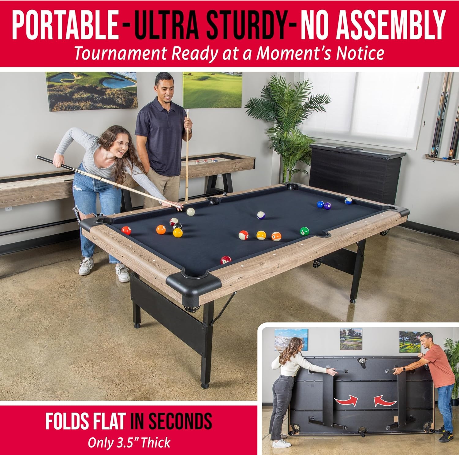 GoSports 6, 7, or 8 ft Billiards Tables – No Assembly, Choose Your Color – Portable Pool Table Includes Full Set of Balls, 2 Cue Sticks, Chalk and Felt Brush(7 ft Oak)