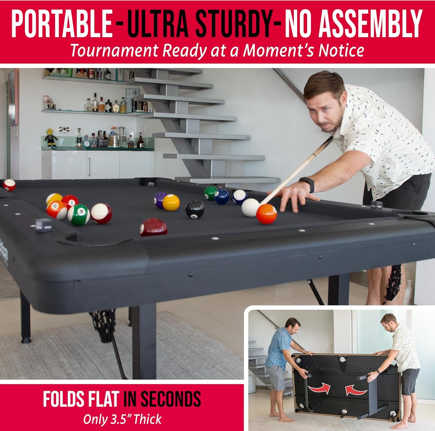 GoSports 6, 7, or 8 ft Billiards Tables – No Assembly, Choose Your Color – Portable Pool Table Includes Full Set of Balls, 2 Cue Sticks, Chalk and Felt Brush(6ft Black)