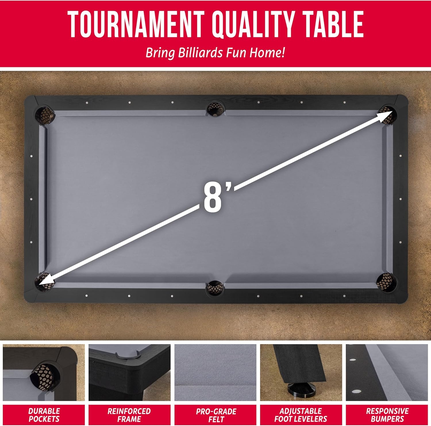 GoSports 7 and 8 ft Pool Tables with Wood Finish – Gray, Black, or Green Felt – Billiards Game Room Table for Adults & Family – Accessories Not Included(8 ft Gray)