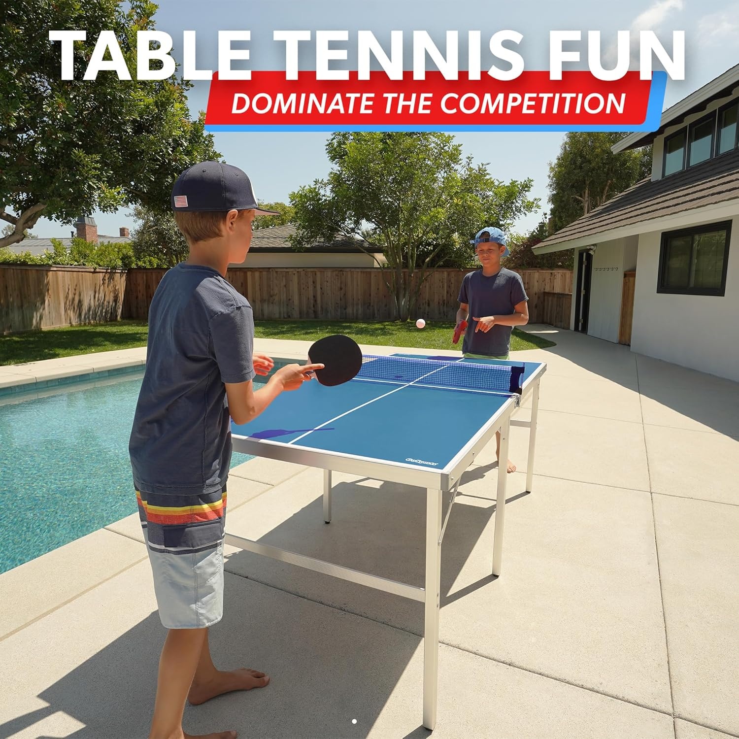 GoSports Mid-Size Table Tennis Game Set – Red or Blue – Indoor/Outdoor Portable Table Tennis Game with Net, 2 Table Tennis Paddles and 4 Balls(Blue Table)