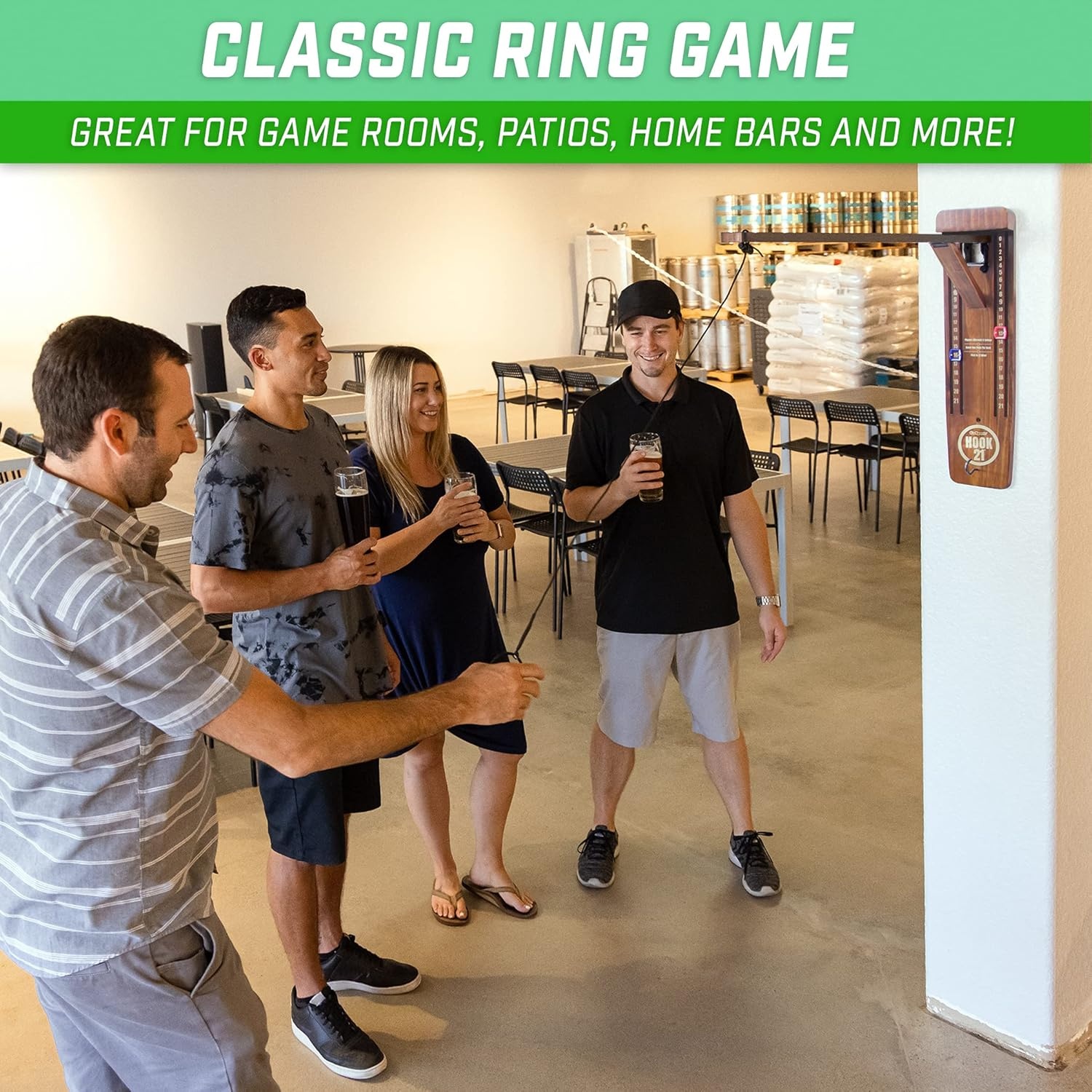 GoSports Hook 21 Wall Mounted Ring Swing Game with Foldable Arm – Play Indoors or Outdoors(Brown)