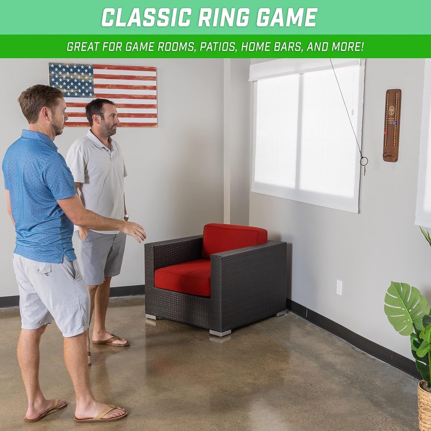 GoSports Hook 21 Ceiling Mount Ring Swing Game Indoor and Outdoor Hook and Ring Toss Bar Game for Adults Easy Install Man Cave and Patio Fun(Brown)