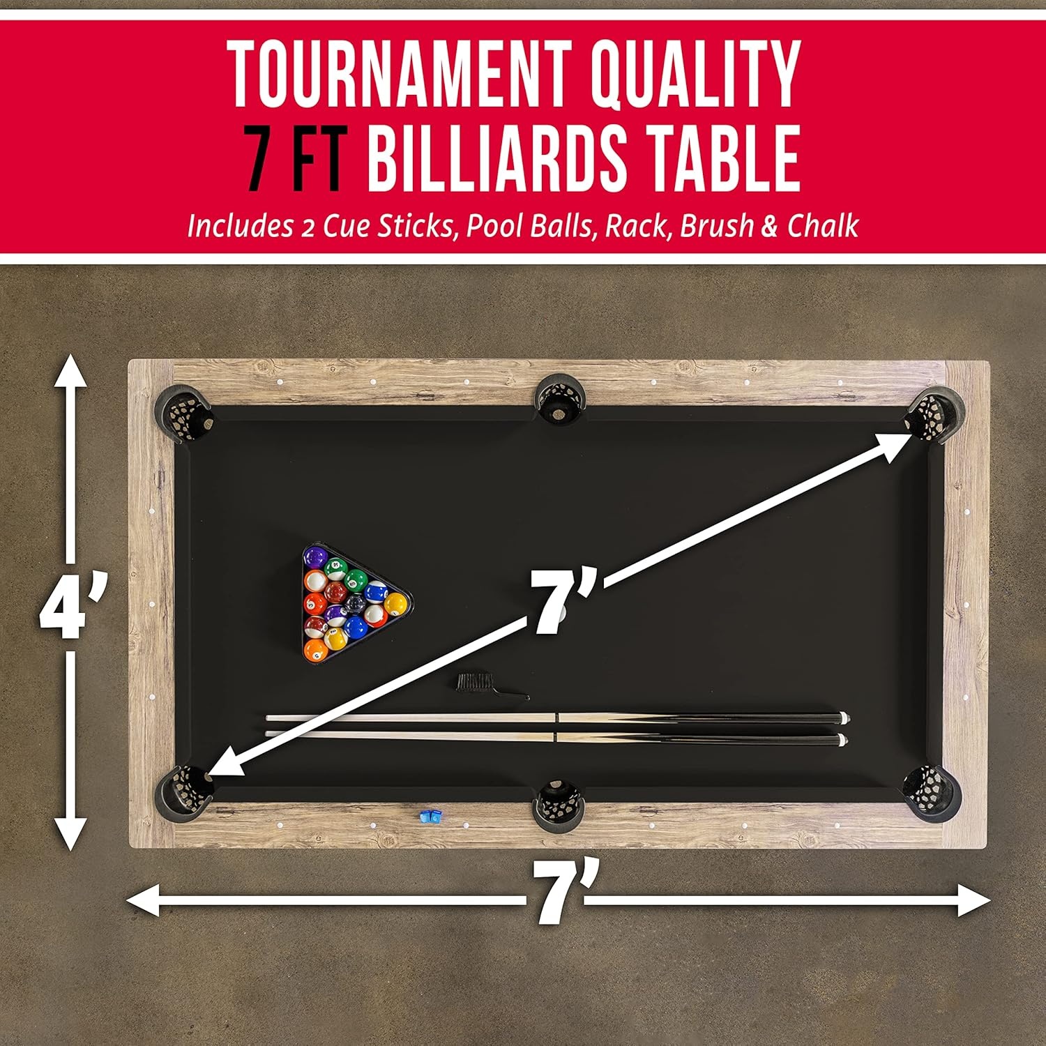 GoSports 7 ft Pool Tables with Wood Finish – Choose Your Style – Modern Billiards Table with 2 Cue Sticks, Balls, Rack, Felt Brush and Chalk(Black  Brown Wood Finish)