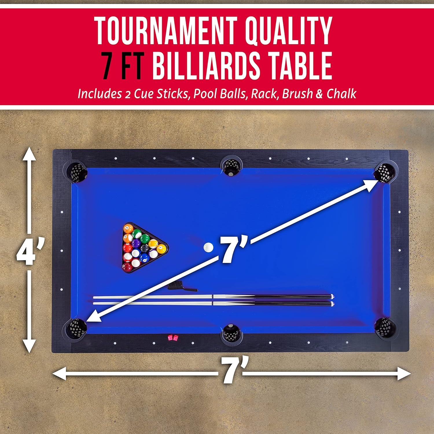 GoSports 7 ft Pool Tables with Wood Finish – Choose Your Style – Modern Billiards Table with 2 Cue Sticks, Balls, Rack, Felt Brush and Chalk(Blue  Black Wood Finish)