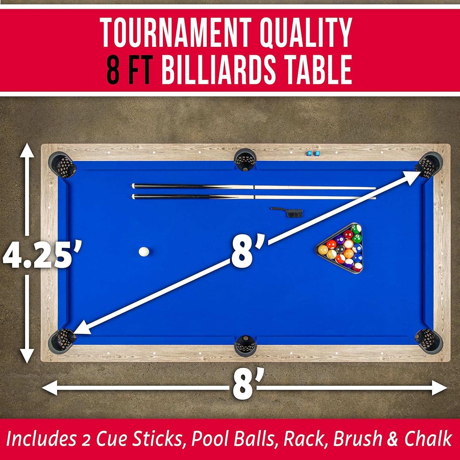 GoSports 8 ft Pool Tables with Wood Finish – Choose Your Style – Modern Billiards Table with 2 Cue Sticks, Balls, Rack, Felt Brush and Chalk(Blue  Brown Wood Finish)