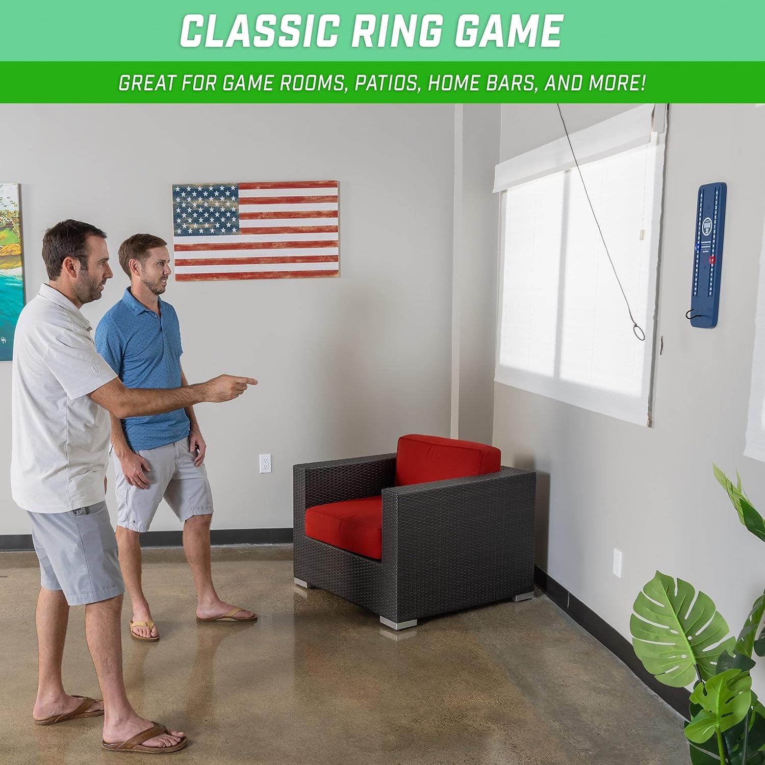 GoSports Hook 21 Ceiling Mount Ring Swing Game Indoor and Outdoor Hook and Ring Toss Bar Game for Adults Easy Install Man Cave and Patio Fun(Blue)
