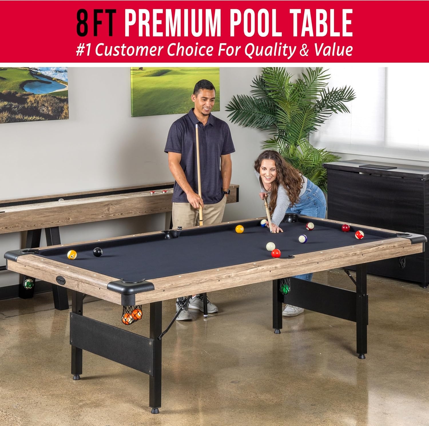 GoSports 6, 7, or 8 ft Billiards Tables – No Assembly, Choose Your Color – Portable Pool Table Includes Full Set of Balls, 2 Cue Sticks, Chalk and Felt Brush(8 ft Oak)
