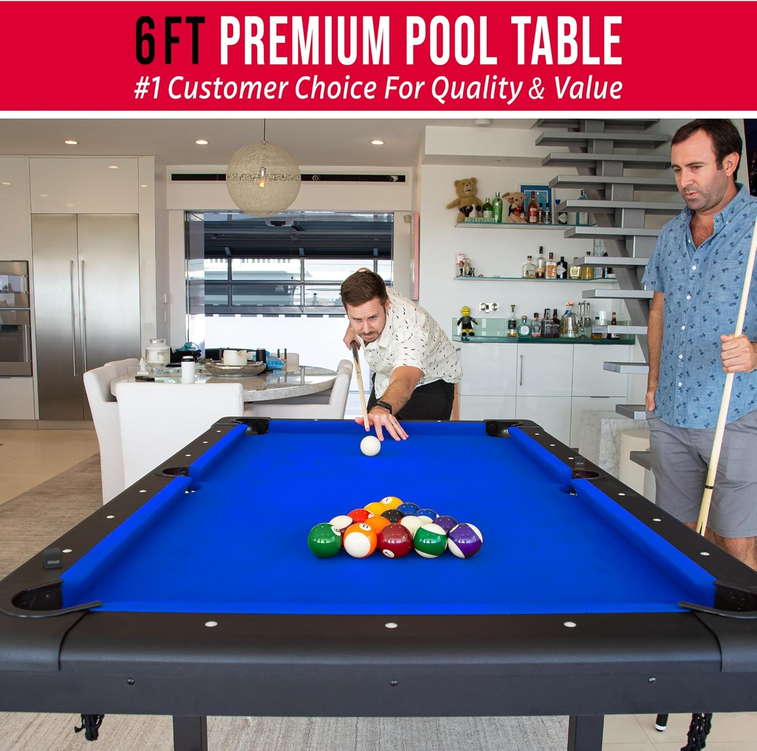 GoSports 6, 7, or 8 ft Billiards Tables – No Assembly, Choose Your Color – Portable Pool Table Includes Full Set of Balls, 2 Cue Sticks, Chalk and Felt Brush(6ft Blue)