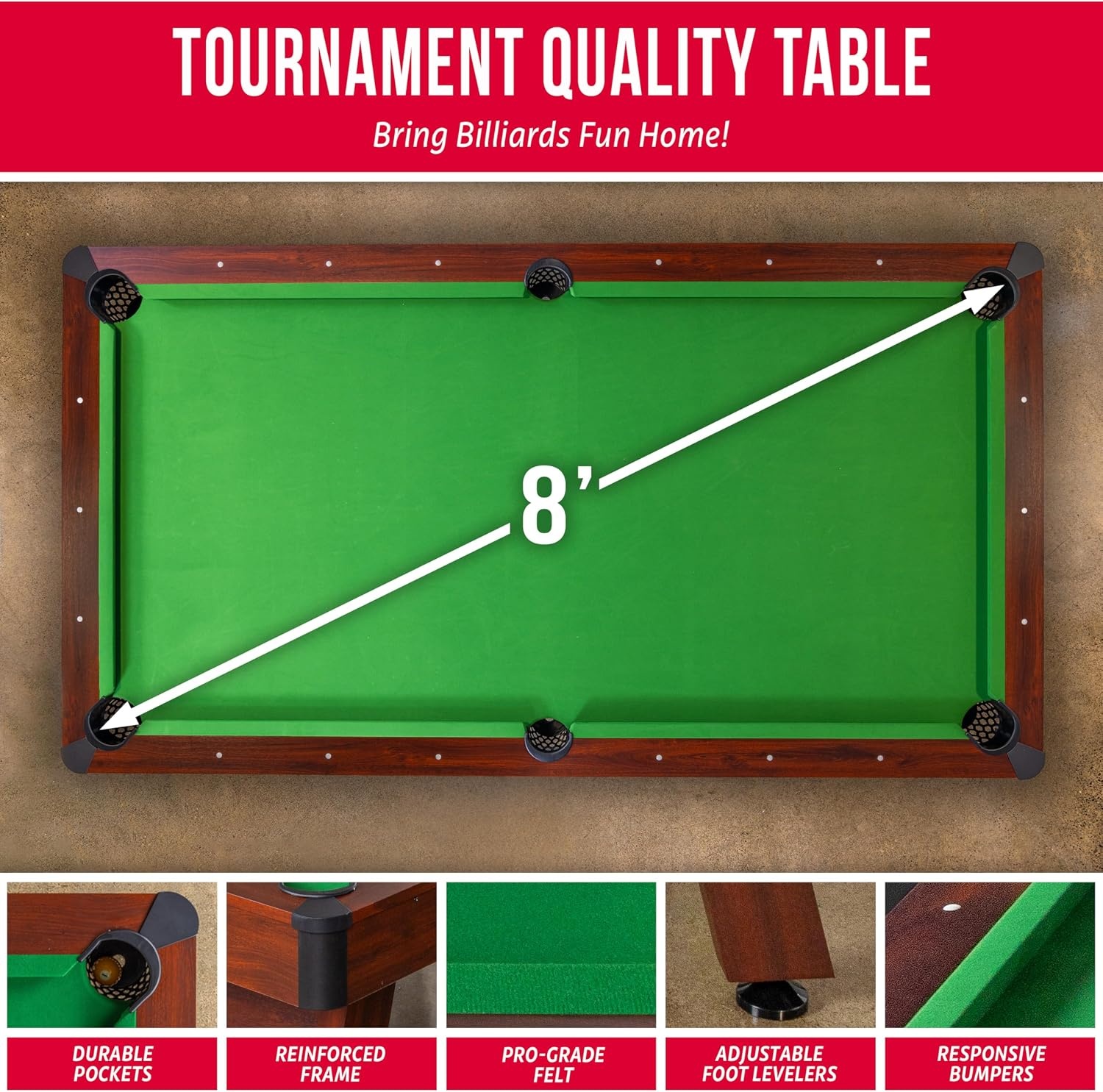 GoSports 7 and 8 ft Pool Tables with Wood Finish – Gray, Black, or Green Felt – Billiards Game Room Table for Adults & Family – Accessories Not Included(8 ft Green)