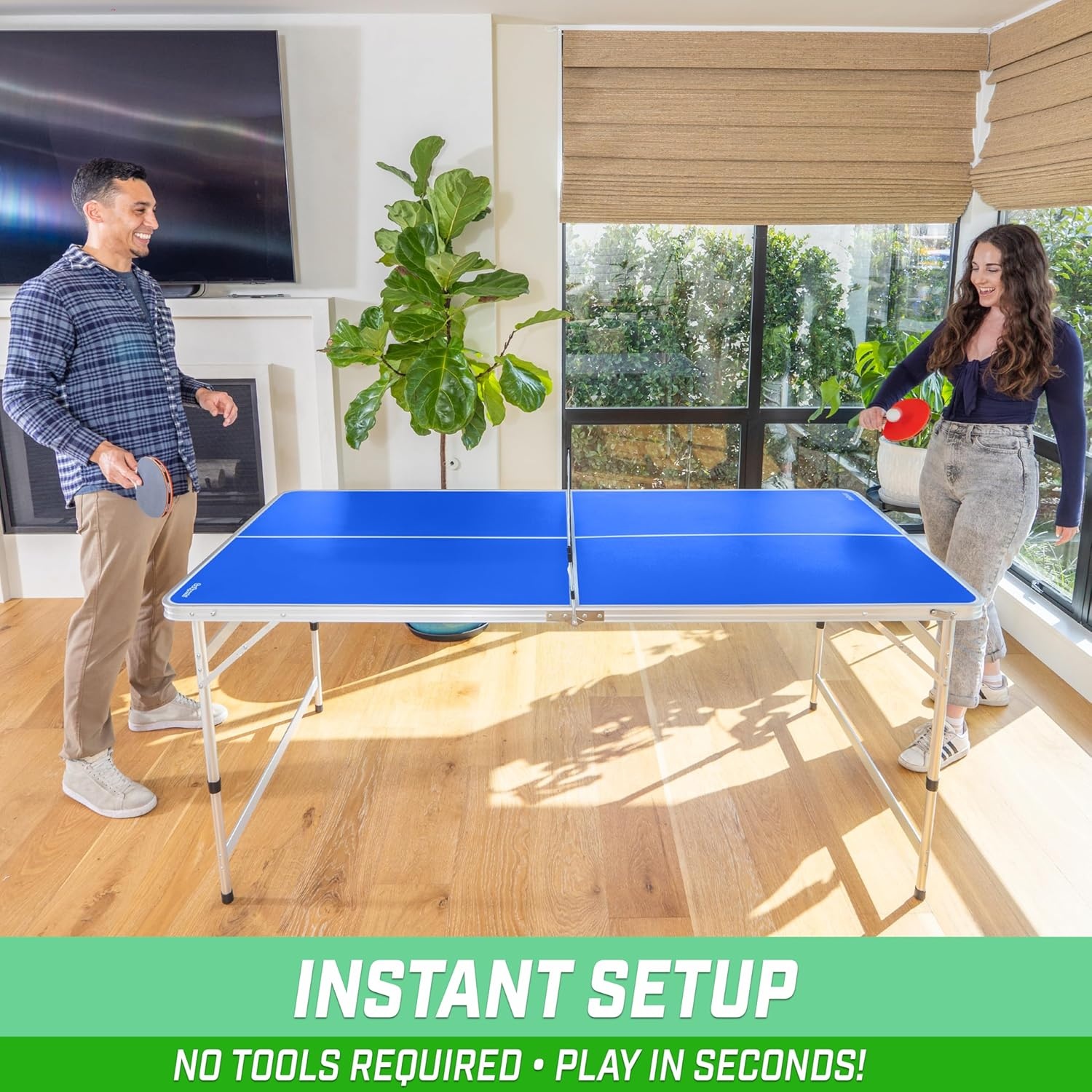 GoSports 6 x 3 ft Mid-Size Table Tennis Table Set with Adjustable Height – Green or Blue(6 x 3 ft Blue)