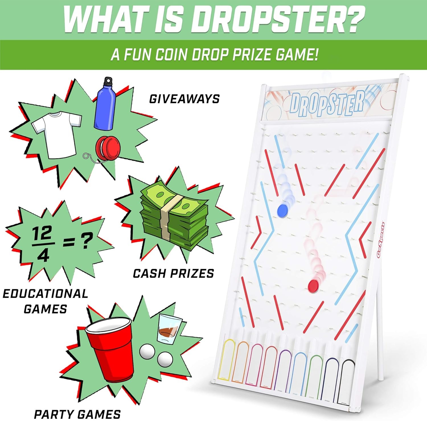 GoSports DROPSTER Prize Drop Game with Customizable Slots – Game Show Style Coin Drop – Great for Trade Show Prizes, Educational Trivia, Party Games & More