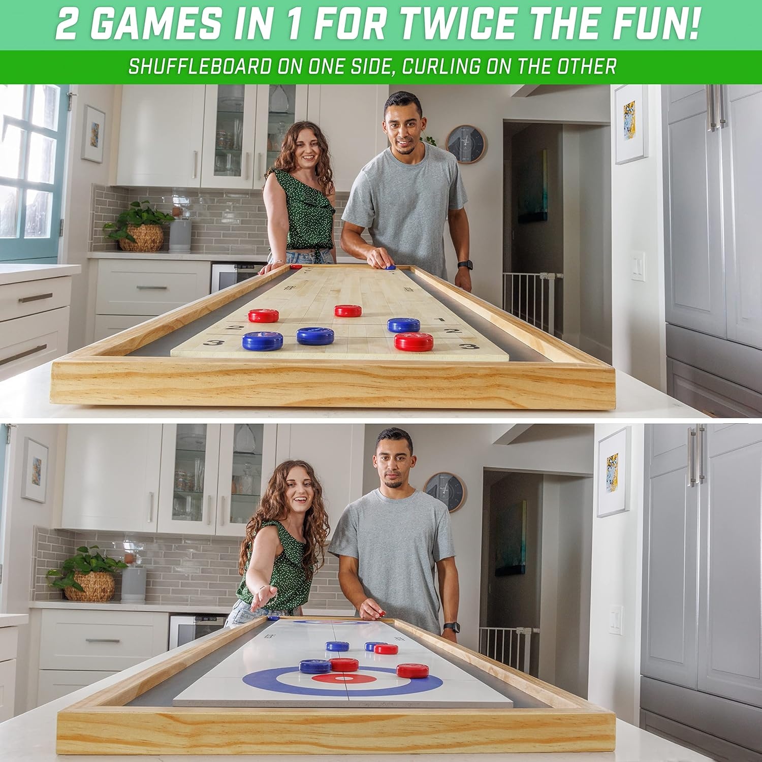 GoSports 6 ft Tabletop Shuffleboard and Curling 2 in 1 Game with 8 Pucks and Tote Bag