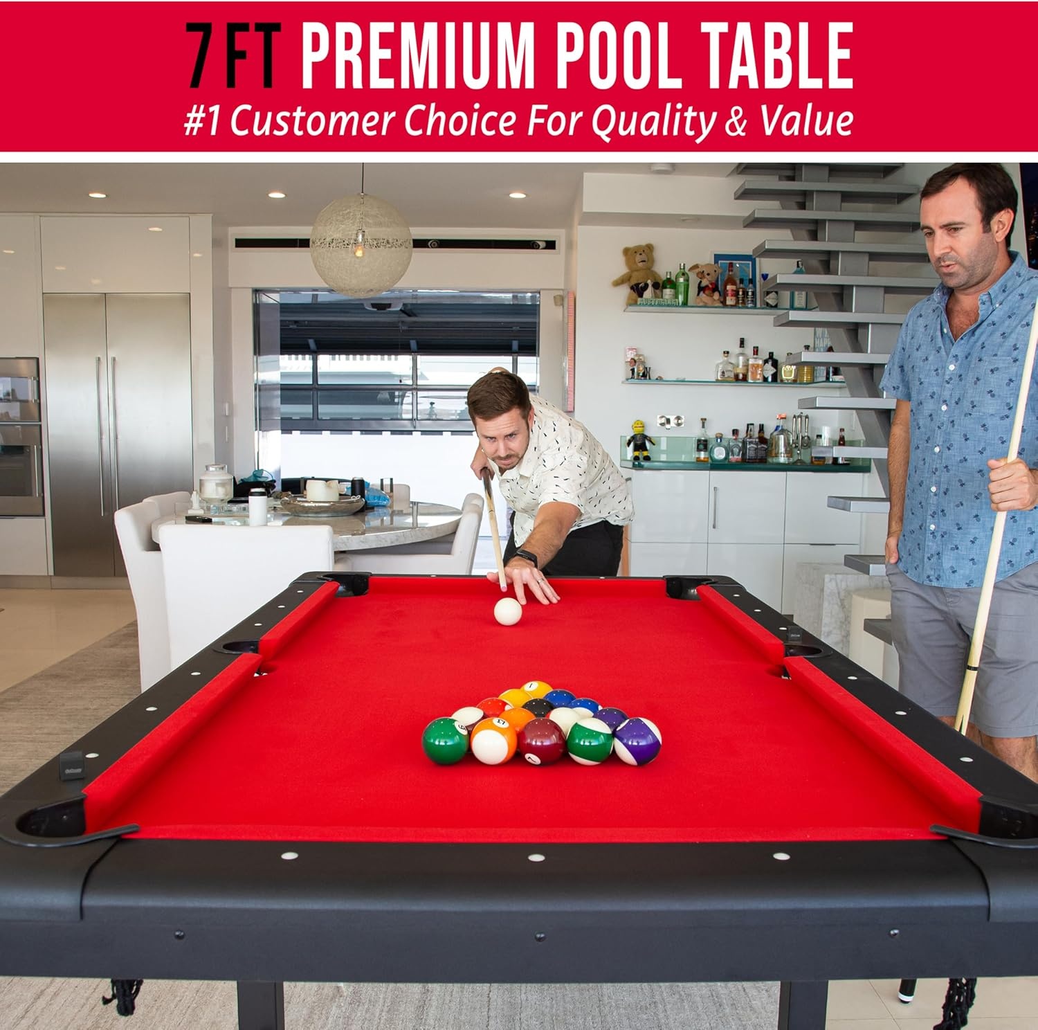 GoSports 6, 7, or 8 ft Billiards Tables – No Assembly, Choose Your Color – Portable Pool Table Includes Full Set of Balls, 2 Cue Sticks, Chalk and Felt Brush(7ft Red)