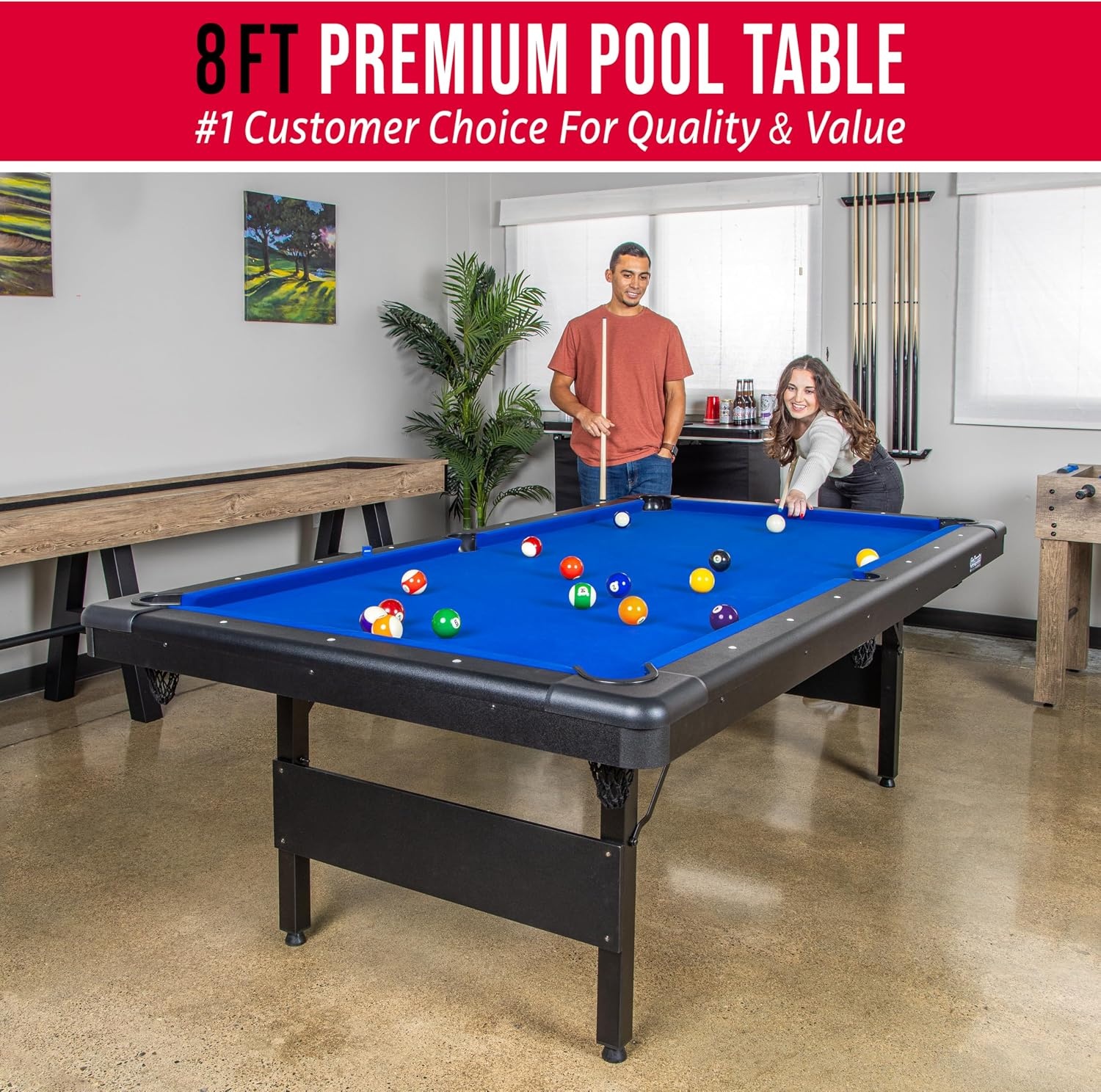 GoSports 6, 7, or 8 ft Billiards Tables – No Assembly, Choose Your Color – Portable Pool Table Includes Full Set of Balls, 2 Cue Sticks, Chalk and Felt Brush(8 ft Blue)
