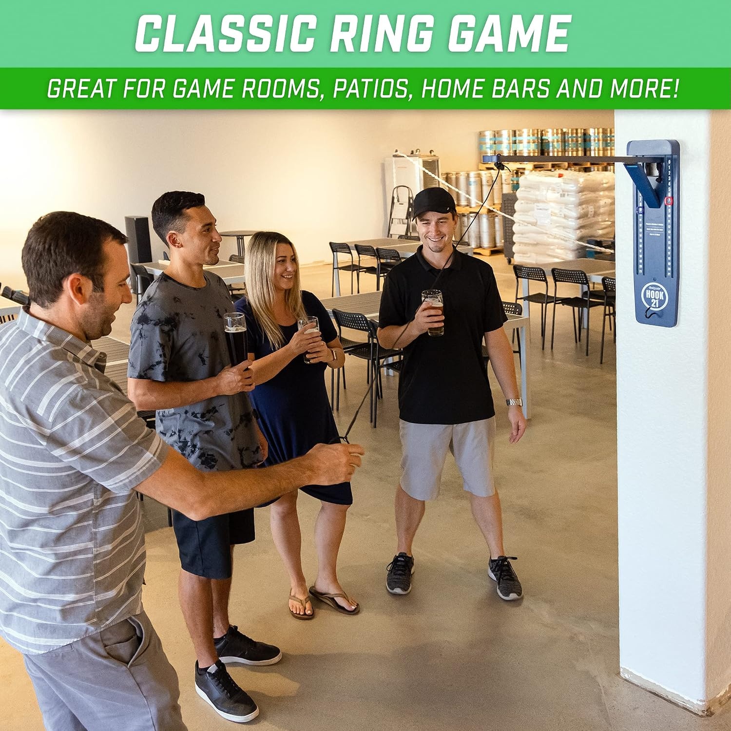 GoSports Hook 21 Wall Mounted Ring Swing Game with Foldable Arm – Play Indoors or Outdoors(Blue)