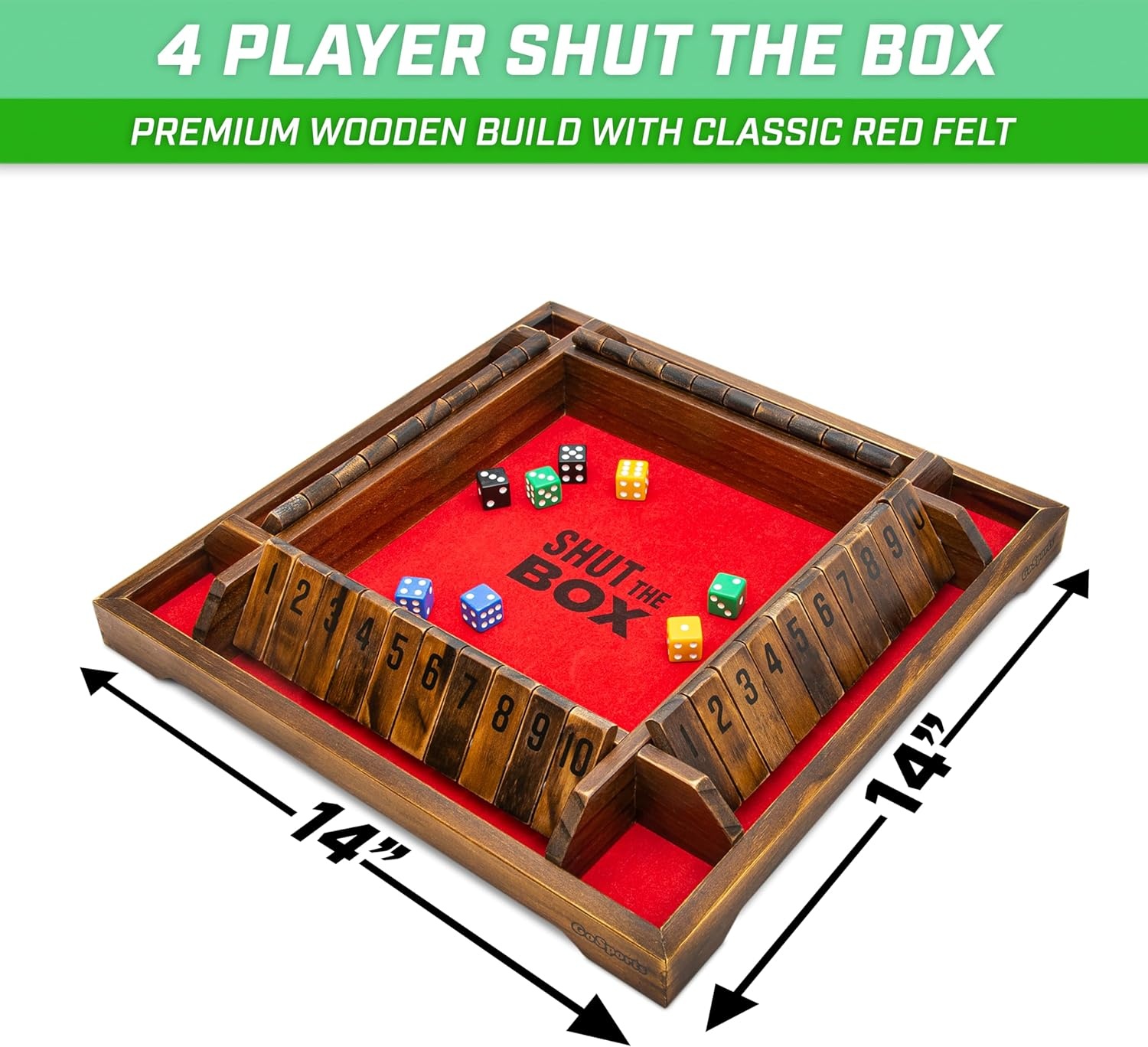 GoSports Shut the Box Premium Wooden Dice Game, Classic 4 Player Board Game – 10 Number Rows with Red Felt, Dice and Wood Stain Finish