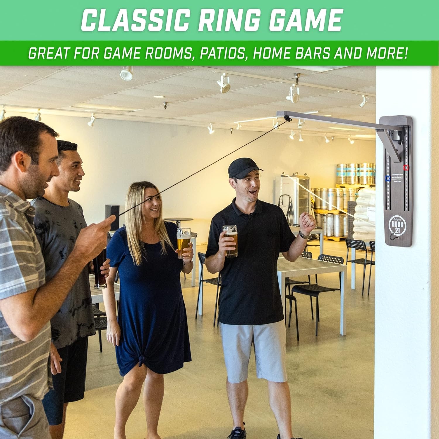 GoSports Hook 21 Wall Mounted Ring Swing Game with Foldable Arm – Play Indoors or Outdoors(Gray)