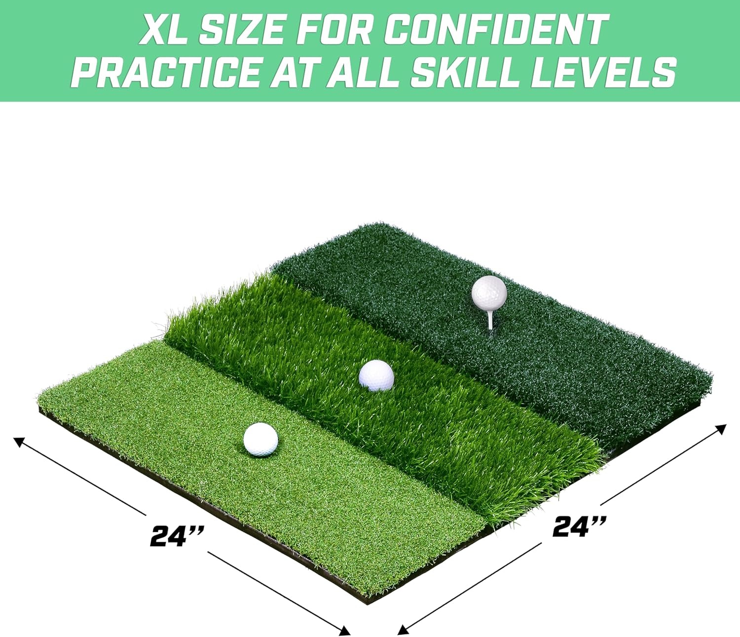 GoSports Tri-Turf XL Golf Hitting Mat – 24×24 in Golf Practice Mat for Indoor/Outdoor Training, Fairway Rough Tee Turf, Portable Golf Mat for Backyard, Garage & Golf Simulator Use