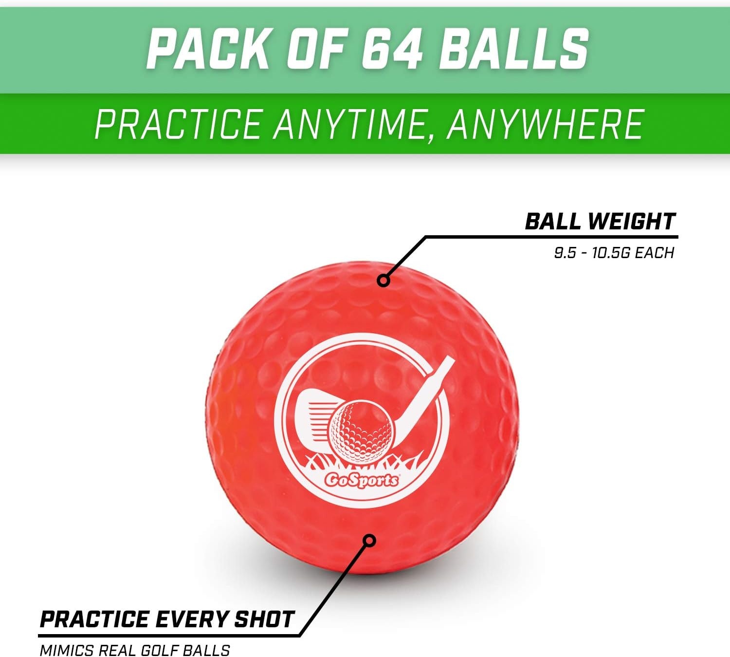 GoSports Foam Golf Balls – Limited Flight Golf Balls for Indoor and Outdoor Training, Realistic Feel Dimple Design, Long Lasting Safe Foam Golf Ball with Storage Tote(64 Pack)