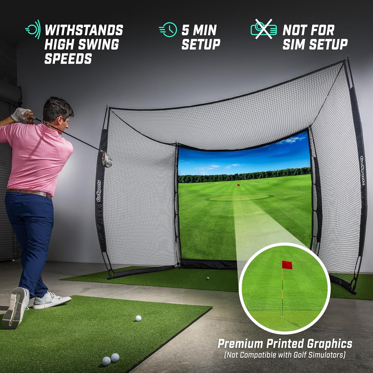 GoSports Range Cage 10 ft x 8 ft Golf Net Cage – Indoor & Outdoor Golf Practice Net for Full Swing Training and Home Golf Simulator Setups(Printed Graphics)