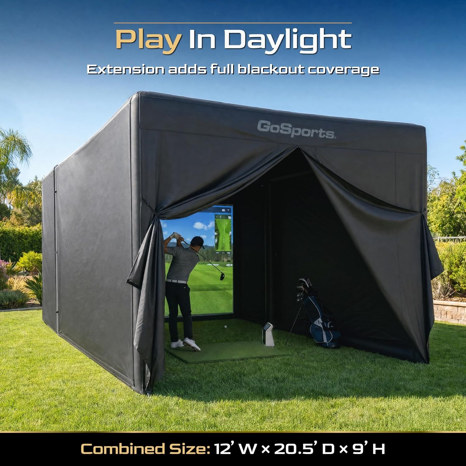 GoSports Commercial Grade Inflatable Golf Simulator Enclosure for Home – 12 x 9 ft Indoor & Outdoor Portable Hitting Cage with Golf Simulator Impact Screen – Includes Electric Pump and Storage Case(Black)