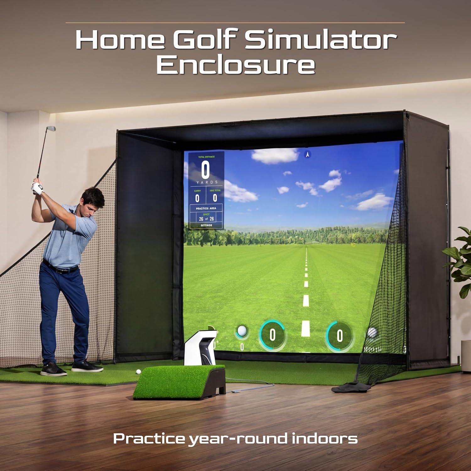 GoSports Golf Simulator Enclosure with Impact Screen and Shank Nets – 10 x 8 ft Golf Sim with HD Impact Screen Kit for at Home Practice