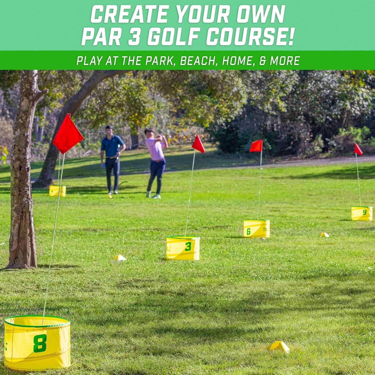 GoSports Yard Links Backyard Golf Game – Outdoor Chipping Style Game Set with Buckets, Flags, Tee Markers, Golf Balls, Scorecard and Carry Case for Family Yard Games, Beach, Park and Camping(9 Hole Course)