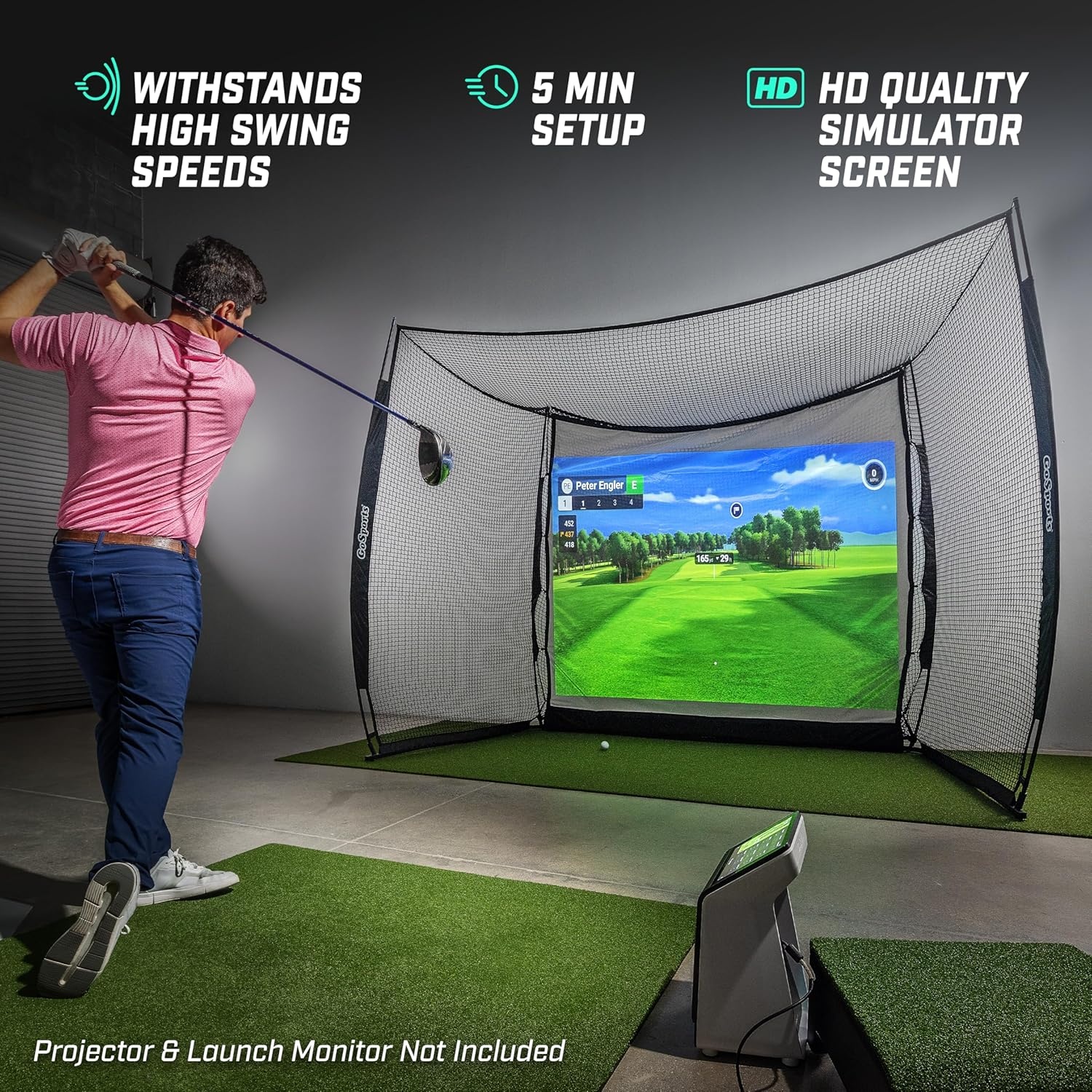 GoSports Range Cage 10 ft x 8 ft Golf Net Cage – Indoor & Outdoor Golf Practice Net for Full Swing Training and Home Golf Simulator Setups(Blank Simulator Screen)