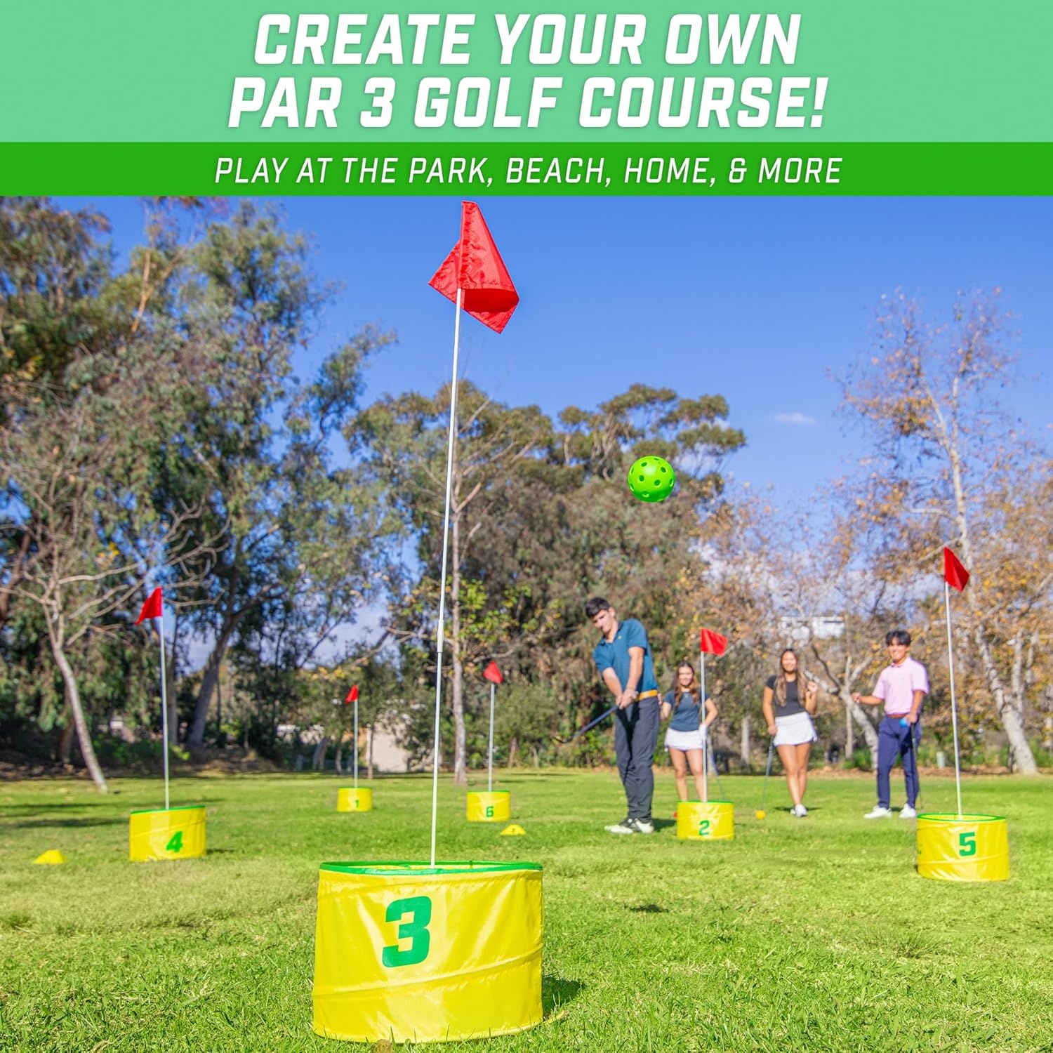 GoSports Yard Links Backyard Golf Game – Outdoor Chipping Style Game Set with Buckets, Flags, Tee Markers, Golf Balls, Scorecard and Carry Case for Family Yard Games, Beach, Park and Camping(6 Hole Course)