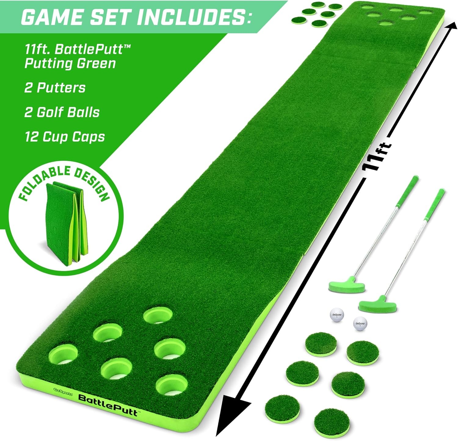GoSports BattlePutt Golf Putting Game Set – 11 ft Backyard Putting Green Pong Style Golf Mat with 2 Putters, 2 Balls and 12 Hole Covers – Great Golfer Gift