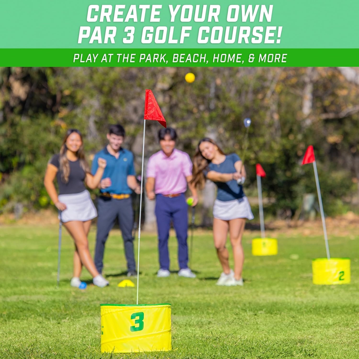 GoSports Yard Links Backyard Golf Game – Outdoor Chipping Style Game Set with Buckets, Flags, Tee Markers, Golf Balls, Scorecard and Carry Case for Family Yard Games, Beach, Park and Camping(3 Hole Course)