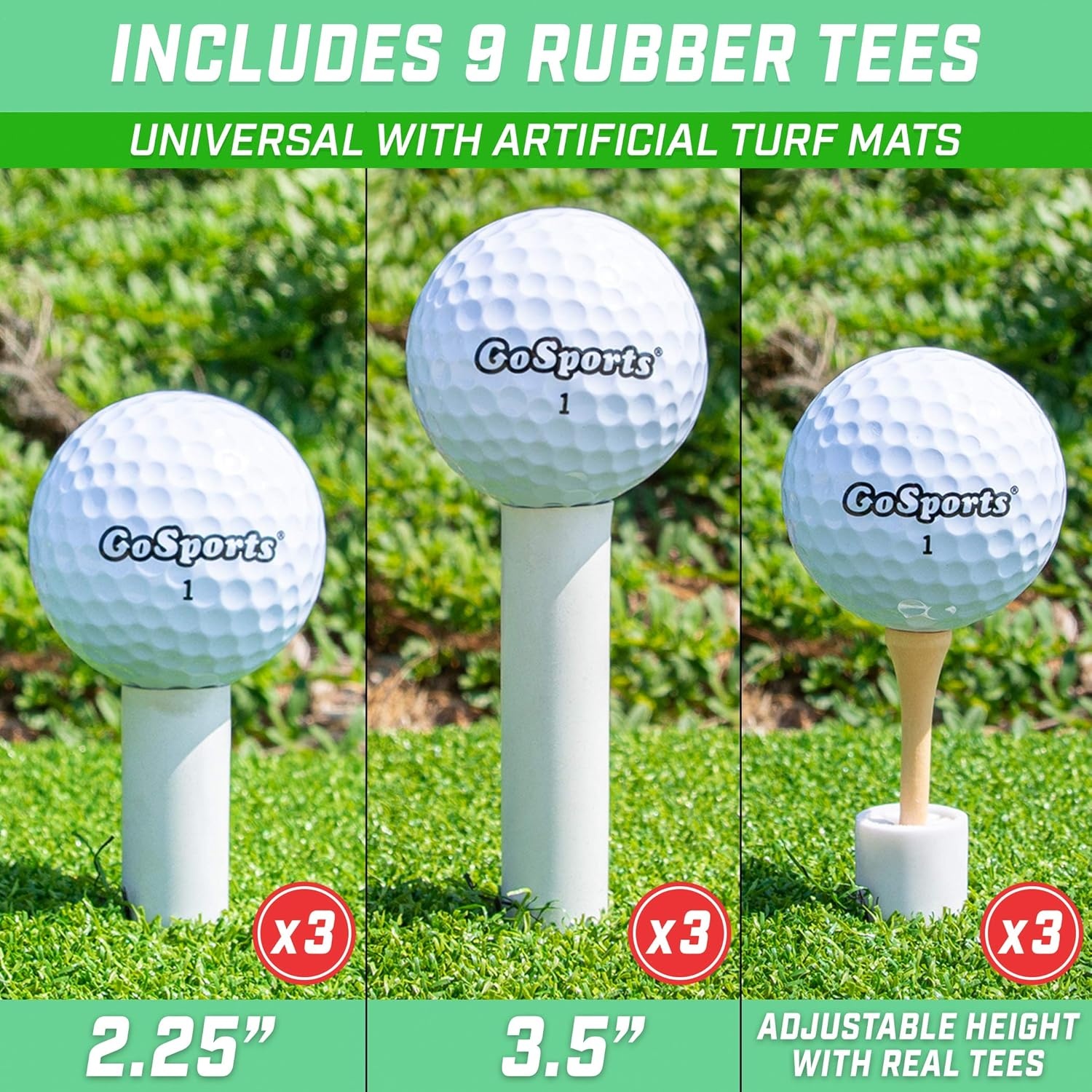 GoSports Golf Rubber Tees – Durable for High-Speed Swings, Consistent Tee Height – Indoor & Outdoor Universal Golf Mat Tees (9 Pack: 1.5″, 2.25″, 3.5″)