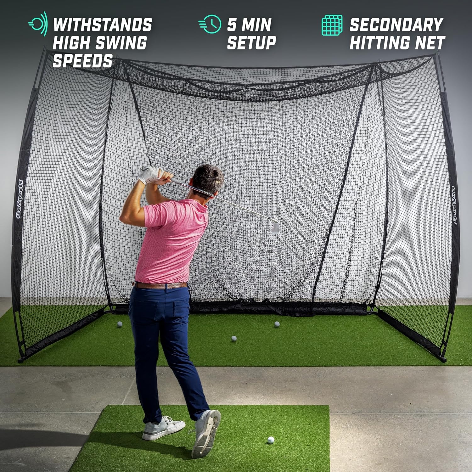 GoSports Range Cage 10 ft x 8 ft Golf Net Cage – Indoor & Outdoor Golf Practice Net for Full Swing Training and Home Golf Simulator Setups(Classic Net)