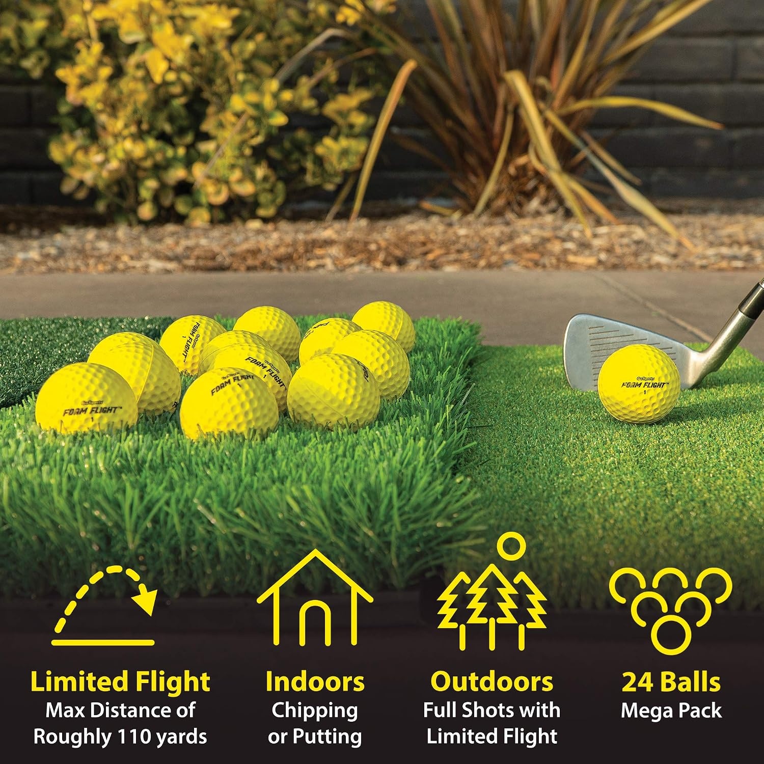 GoSports Foam Flight Practice Golf Balls – Choose White or Yellow – Pack of 24 Limited Flight Training Balls(Yellow)