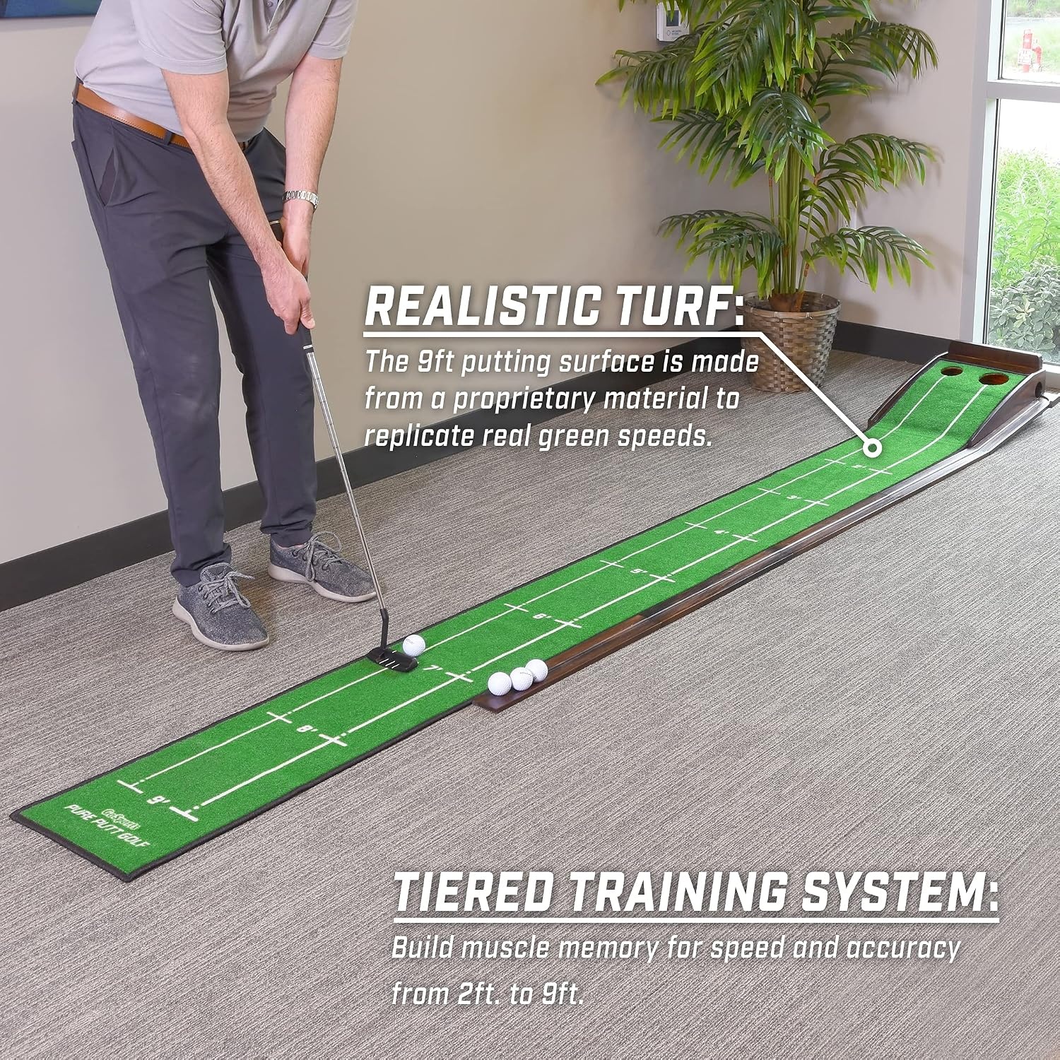 GoSports Pure Putt Golf 9 ft Putting Green Ramp – Black or Brown – Premium Wood Training Aid for Home & Office Putting Practice – Includes 4 Golf Balls(Brown)