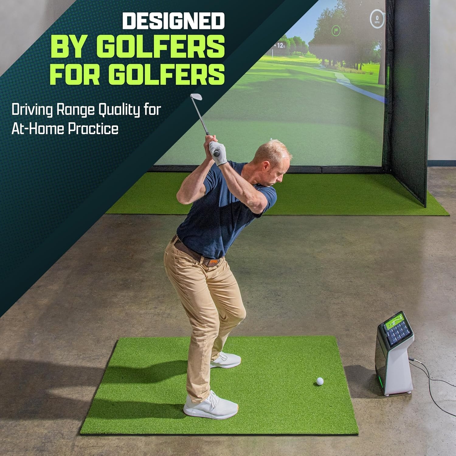 GoSports Elite Golf Hitting Mat for Indoor and Outdoor Practice – Withstands Thousands of Shots – Heavy-Duty Turf Driving Range Mats Works with Golf Simulators – Includes 3 tees – Choose Your Size(5′ x 3′ 5mm ELITE Turf)