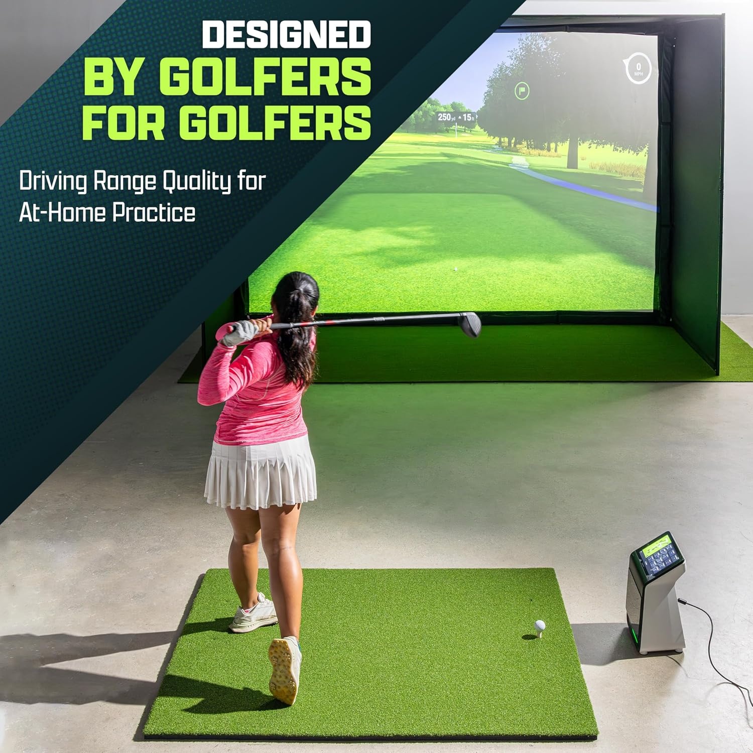 GoSports Pro Golf Hitting Mat for Indoor and Outdoor Practice – Withstands Thousands of Shots – Heavy-Duty Turf Driving Range Mats Works with Golf Simulators – Includes 3 tees -Choose Your Size(5’ x 5’ 15mm PRO Turf)