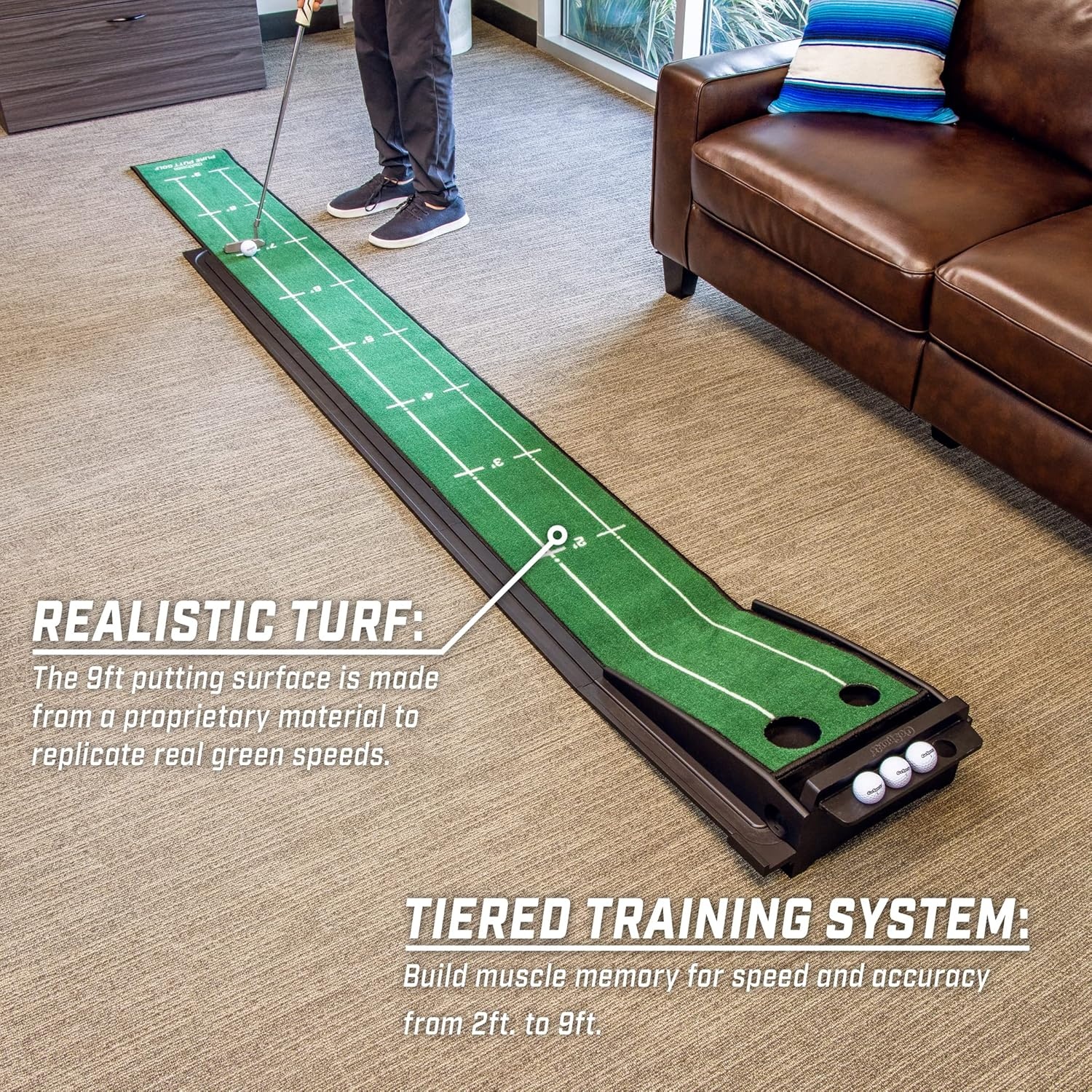 GoSports Pure Putt Golf 9 ft Putting Green Ramp – Black or Brown – Premium Wood Training Aid for Home & Office Putting Practice – Includes 4 Golf Balls(Black)