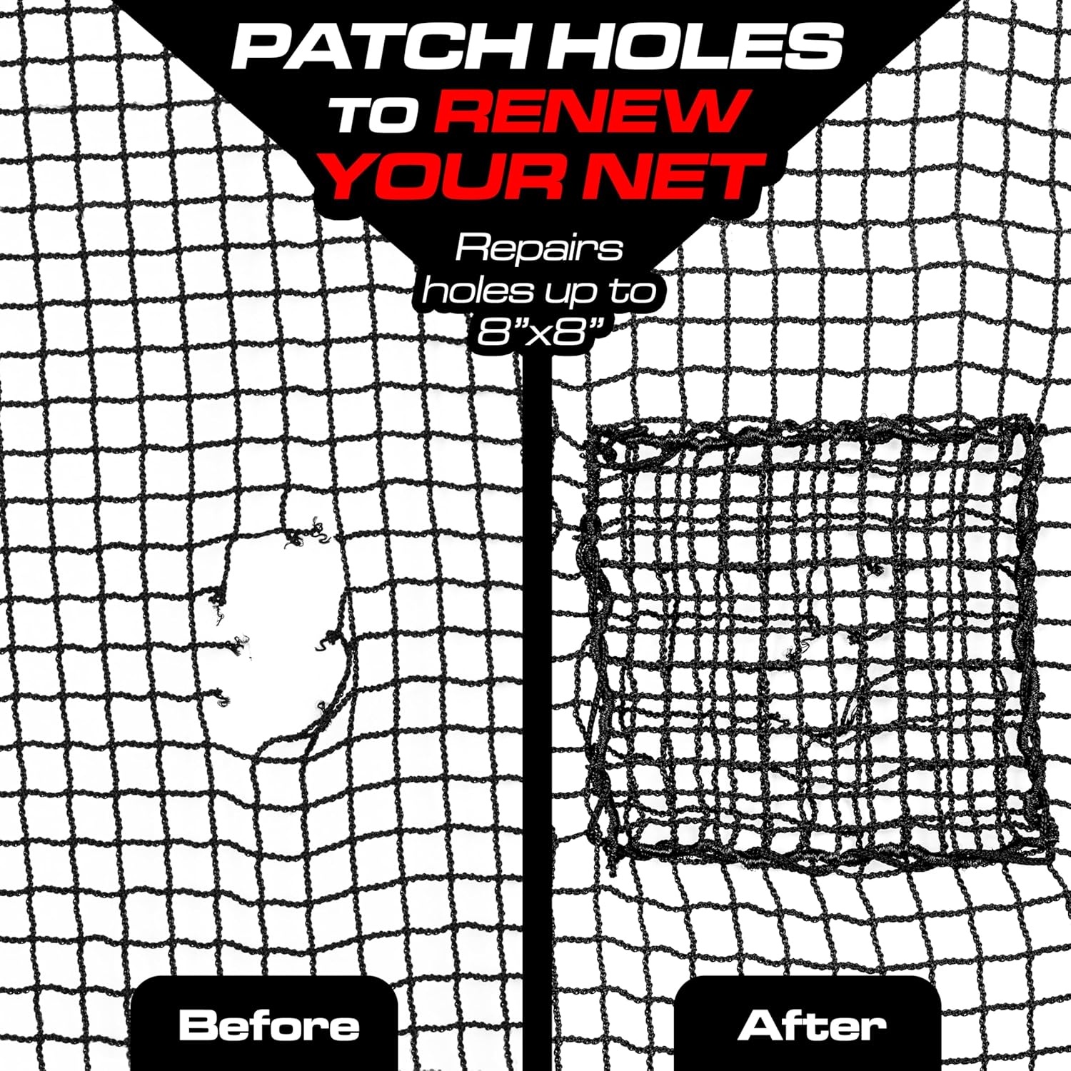 GoSports Universal Sports Net Repair Kits for Golf, Baseball, Soccer, and More – 8 x 8 Inch Sports Netting Patch Kits