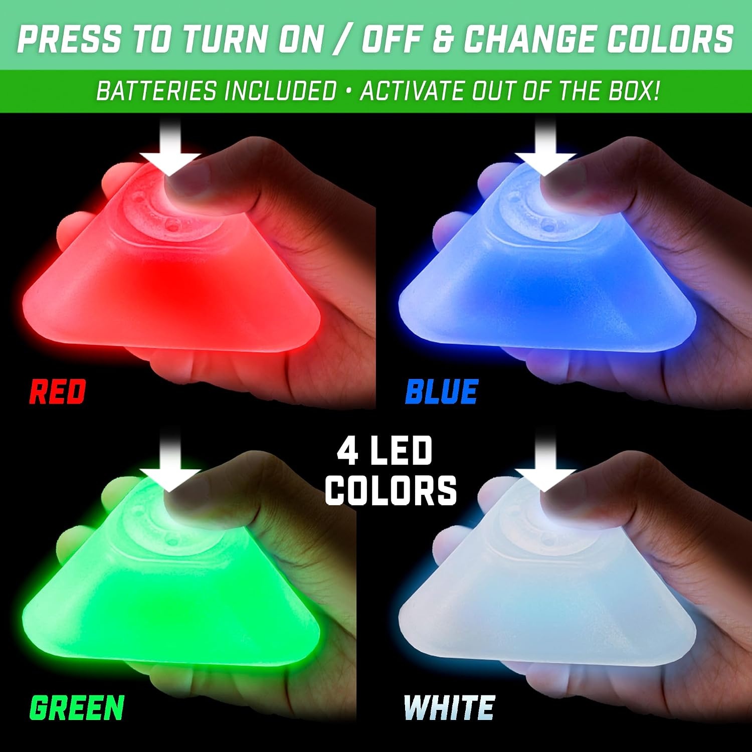 GoSports Modern Light Up Cones – Cycle Between 4 LED Colors for Sports, Traffic Safety, and Glow in The Dark Games – 6 Pack