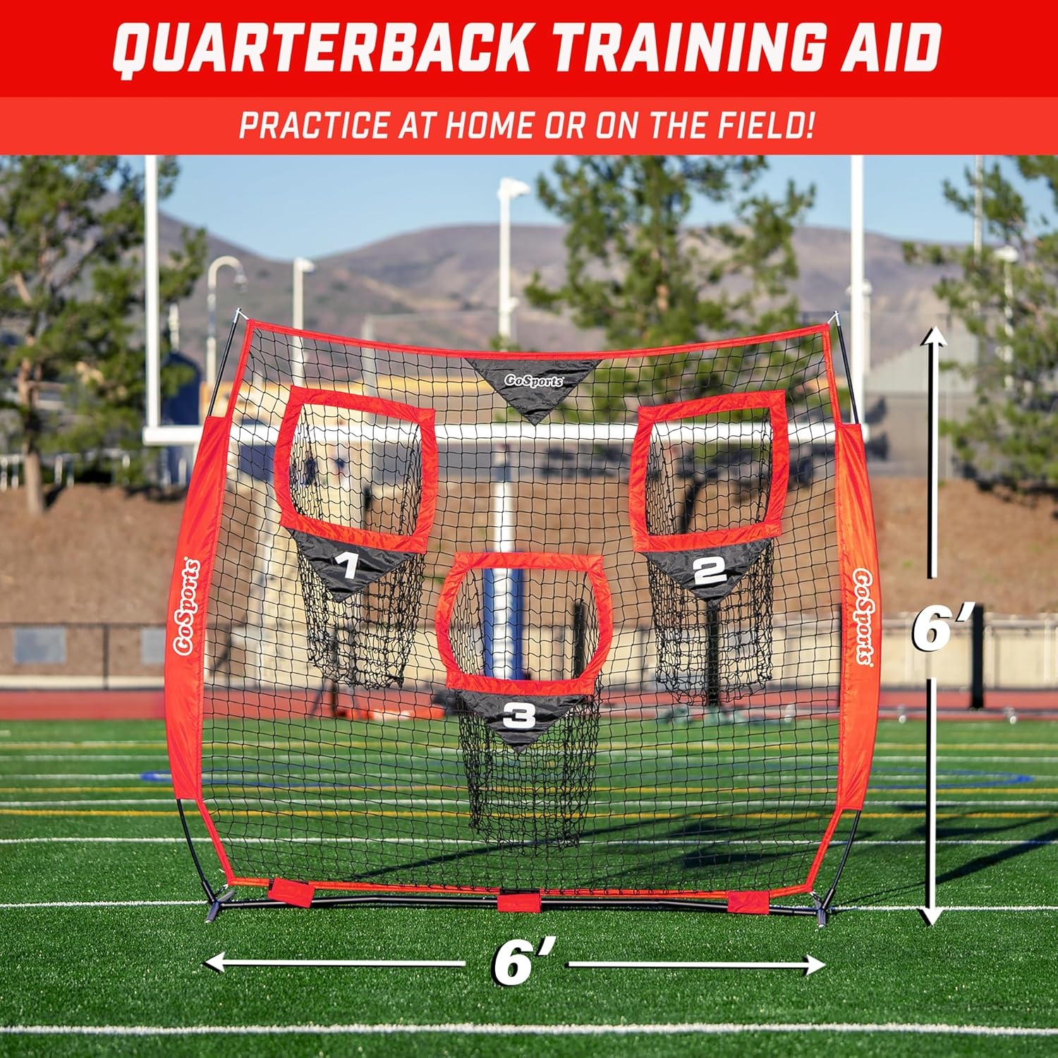 GoSports Football Throwing Net – 8 x 8 ft or 6 x 6 ft Nets – Choose Black or Red(6 x 6 ft Red)