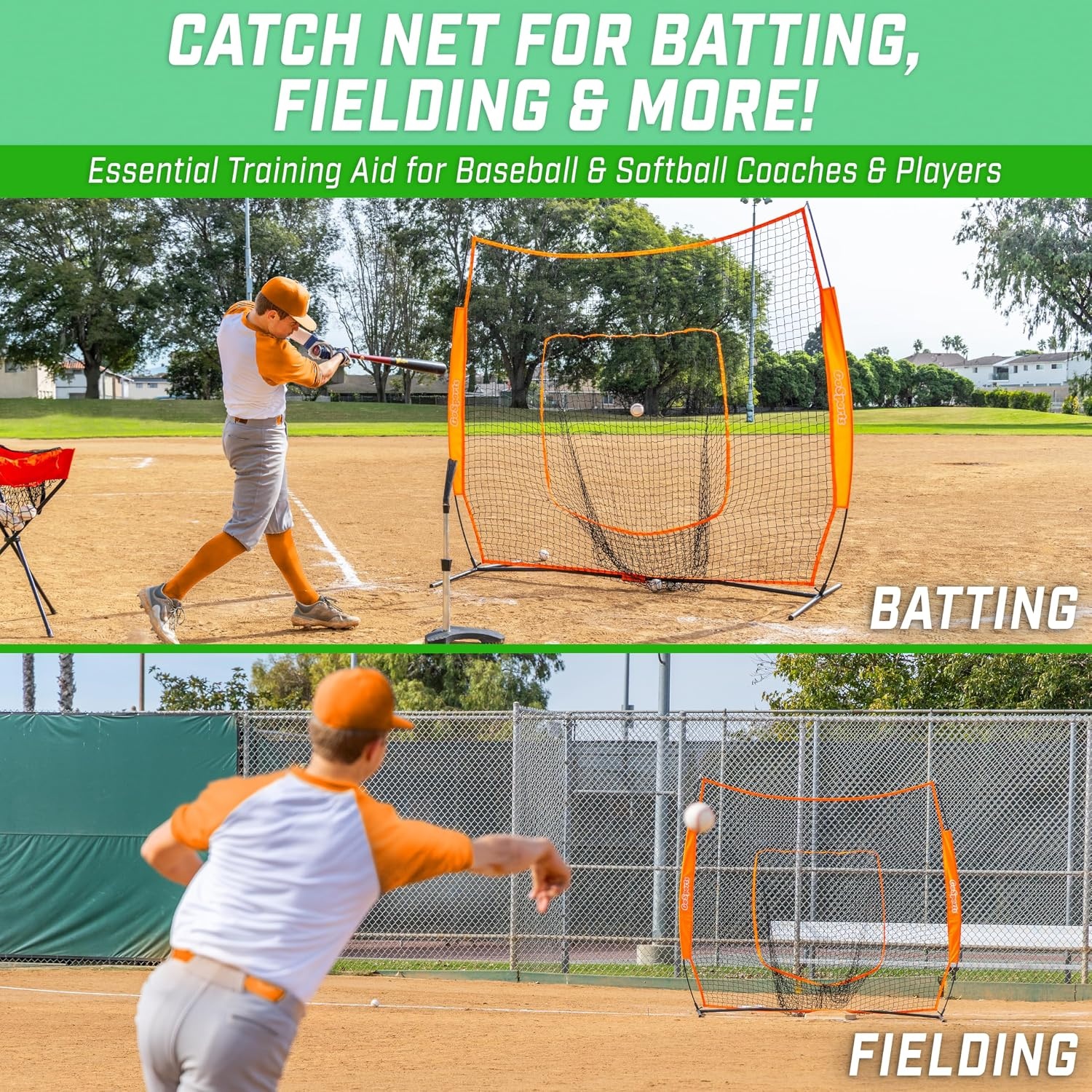 GoSports 7 x 7 ft Baseball & Softball Nets – Available in Team Colors – Batting & Pitching Net with Strike Zone(Orange)