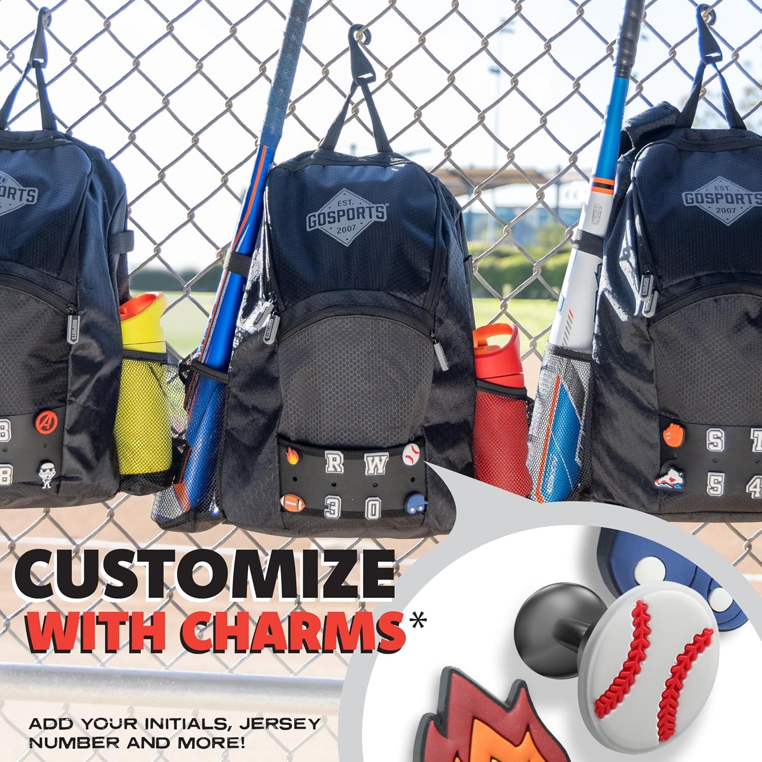 GoSports Youth Baseball and Softball Bag with Customizable Charm Panel