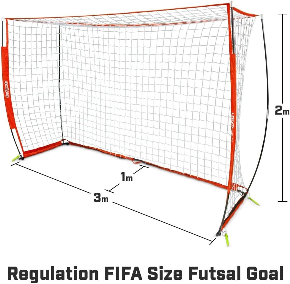GoSports ELITE Futsal Soccer Goal – 3 M x 2 M Size, Foldable Bow Type Frame and Net – Play & Train Like The Pros, Includes Carry Bag and Agility Cones