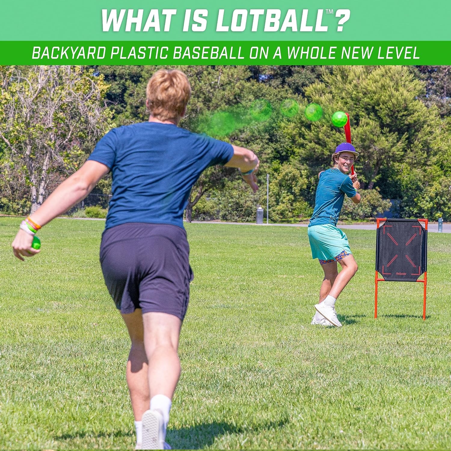 GoSports LotBall Backyard Baseball Bat, Ball and Strike Zone Set – Plastic Baseball Game for Kids