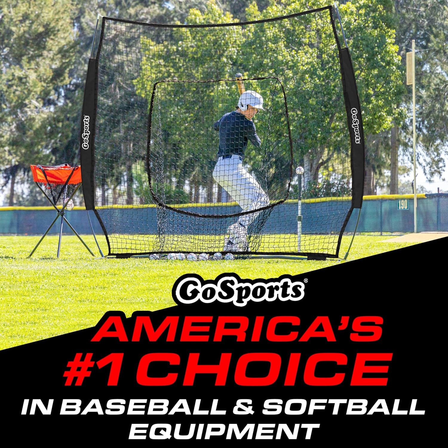 GoSports 7 ft x 7 ft Baseball & Softball Nets – Red, Black, Drip or PRO – Practice Hitting & Pitching Net with Bow Type Frame, Carry Bag and Strike Zone, Great for All Skill Levels(Black)