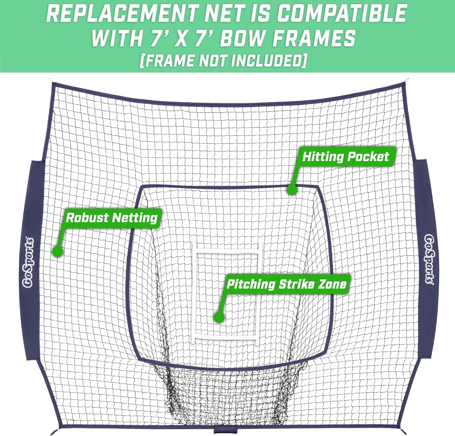 GoSports Replacement 7 x 7 ft Baseball Net – NET ONLY – Frame NOT Included – Choose Your Color(Navy)