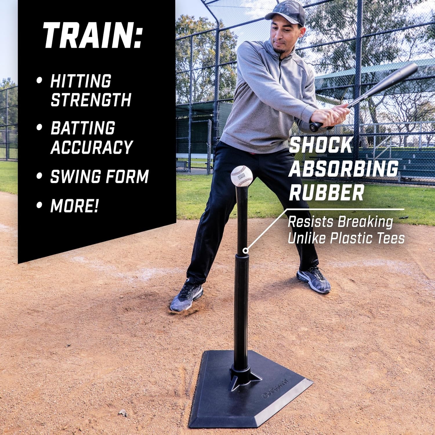 GoSports Baseball & Softball Batting Tees – Choose Jr. or Standard – Adjustable Rubber Hitting Tee(Standard Black)