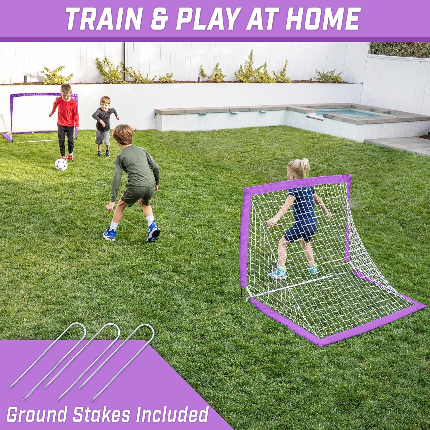 GoSports 4 x 3 ft Portable Soccer Goals for Kids – 13 Colors – Set of 2 Team Tone Pop Up Nets for Backyard(Purple)