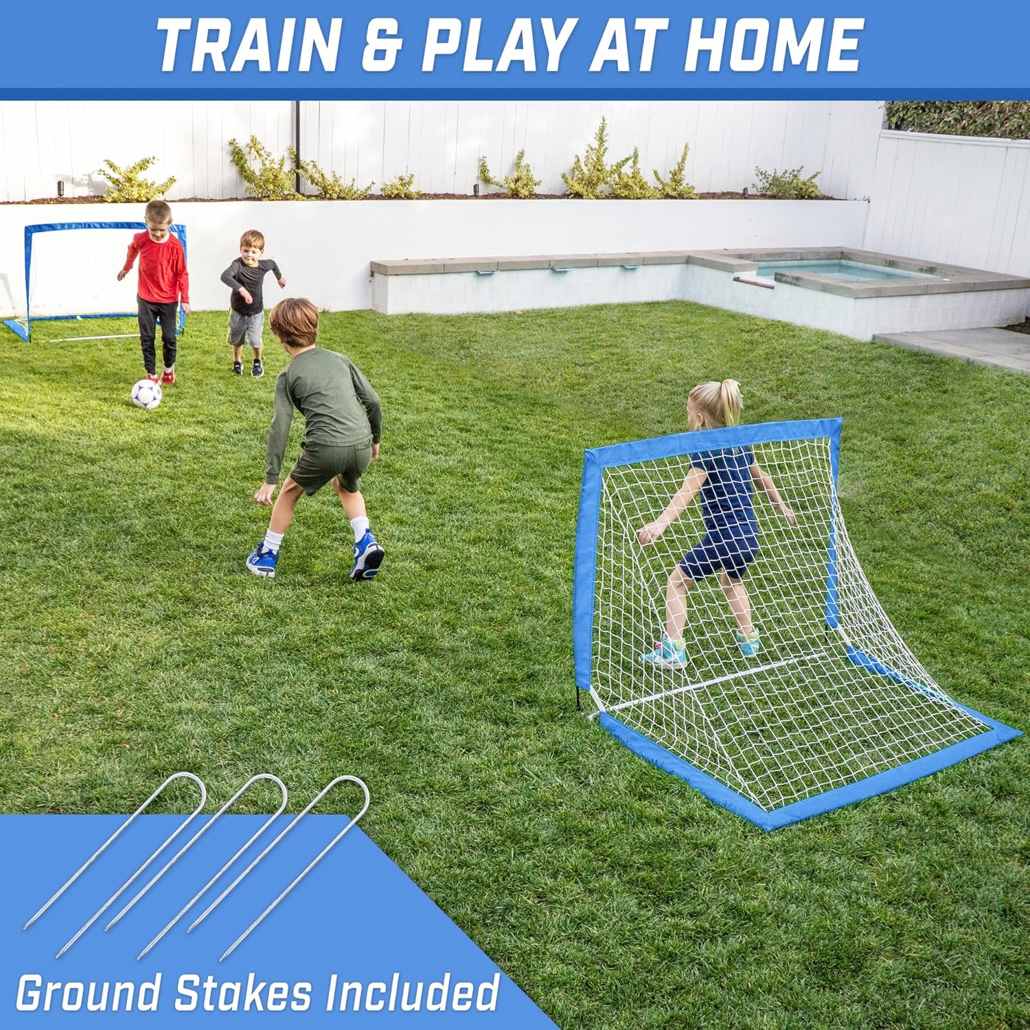 GoSports 4 x 3 ft Portable Soccer Goals for Kids – 13 Colors – Set of 2 Team Tone Pop Up Nets for Backyard(Royal Blue)